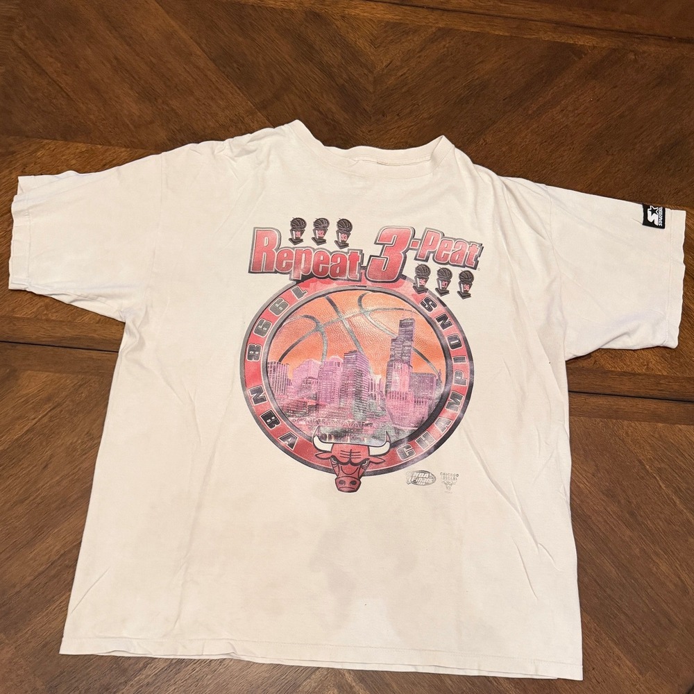 Vintage 1998 Chicago‎ Bulls Repeat 3-Peat NBA Champions Starter Shirt White XL